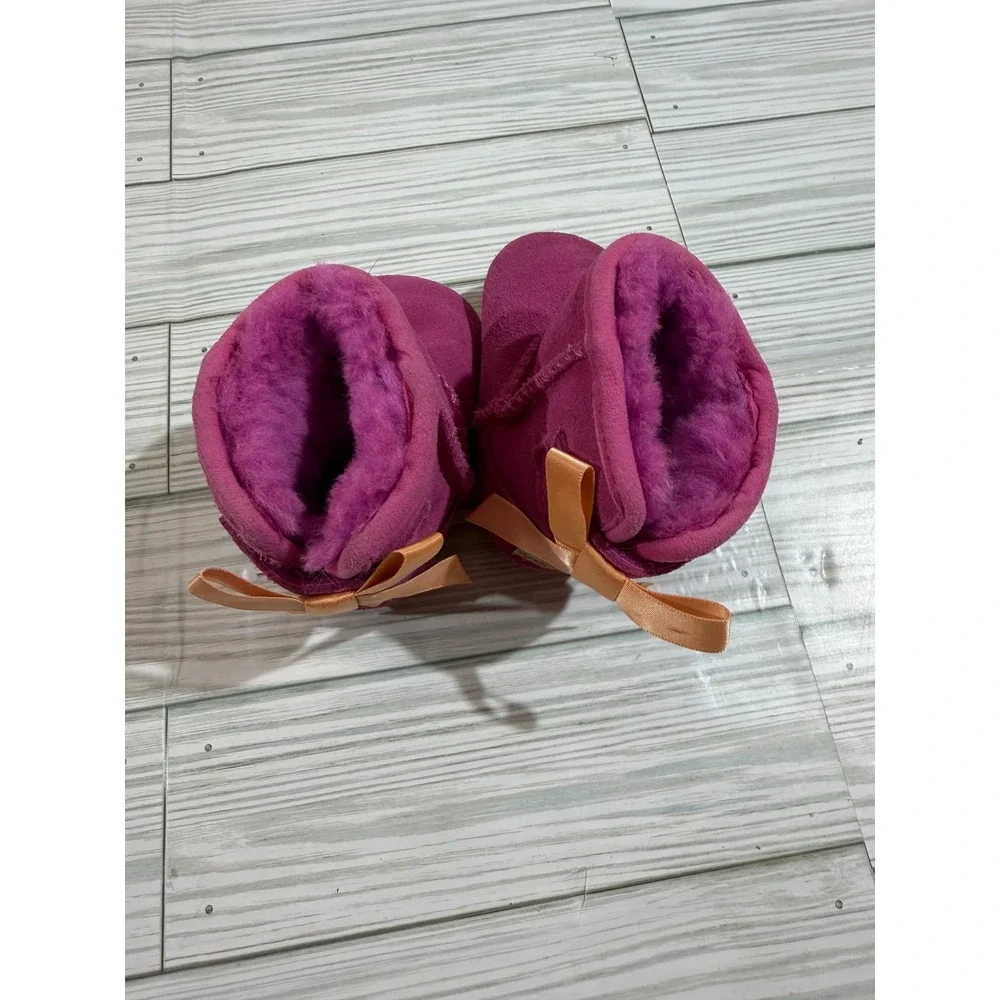 UGG Jesse Bow Pink Suede Orange Satin Bow Infant Booties 1006483I Size 0/1